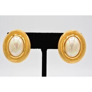 Christian Dior Vintage Clip On Earrings Gold Iridescent Pearl Signed 1980s BinAI